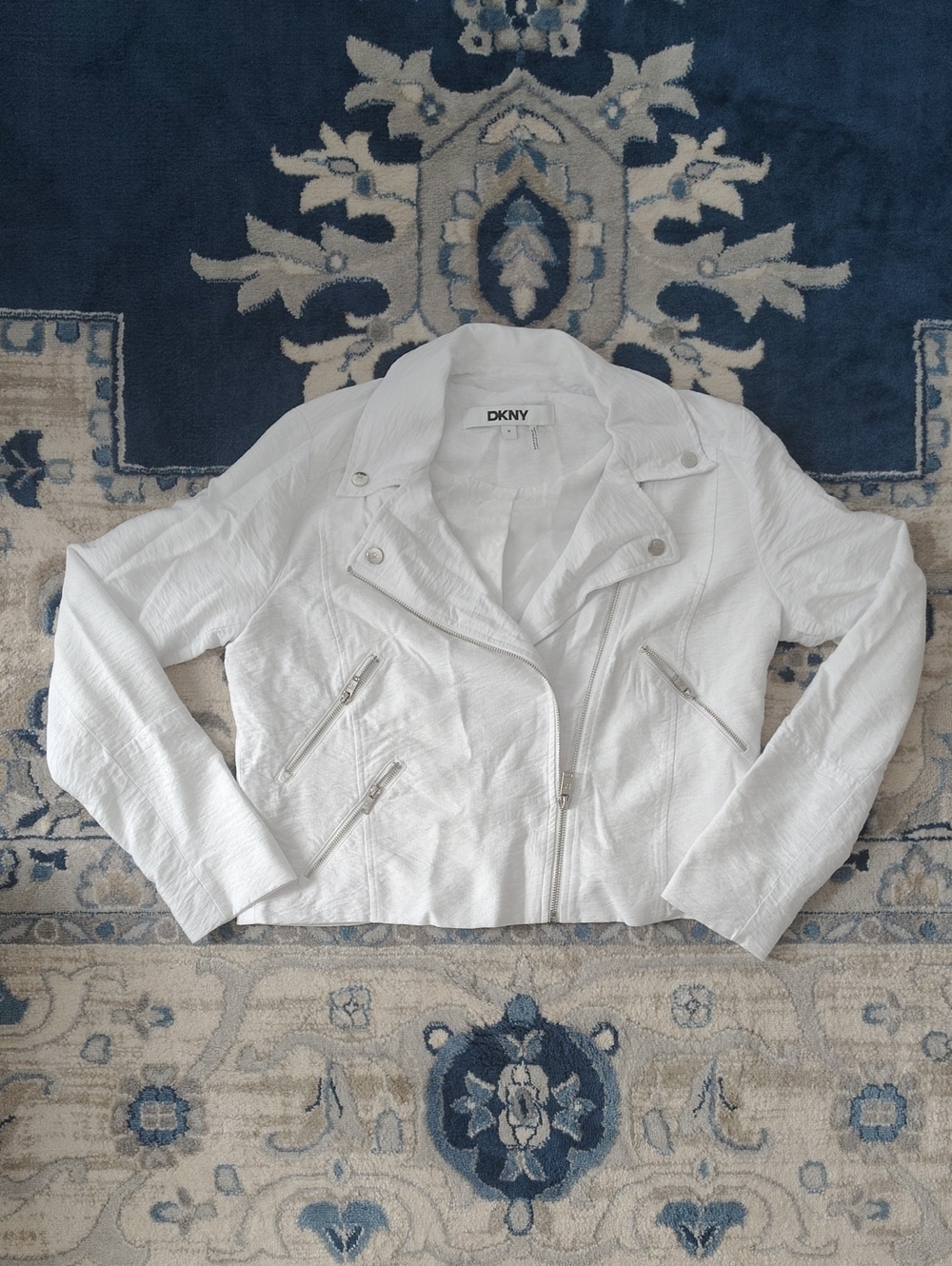 DKNY White Textured Moto Jacket